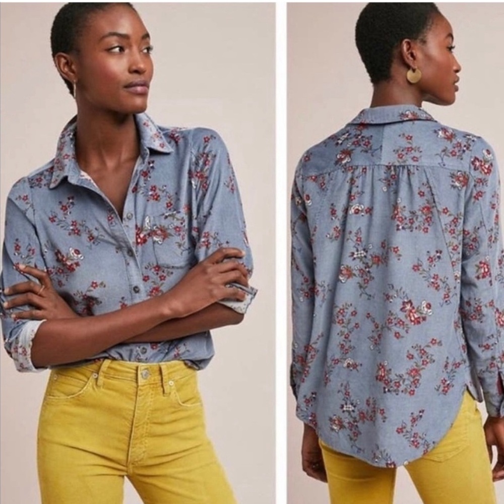 Anthropologie Floral Corduroy Button Up Shirt